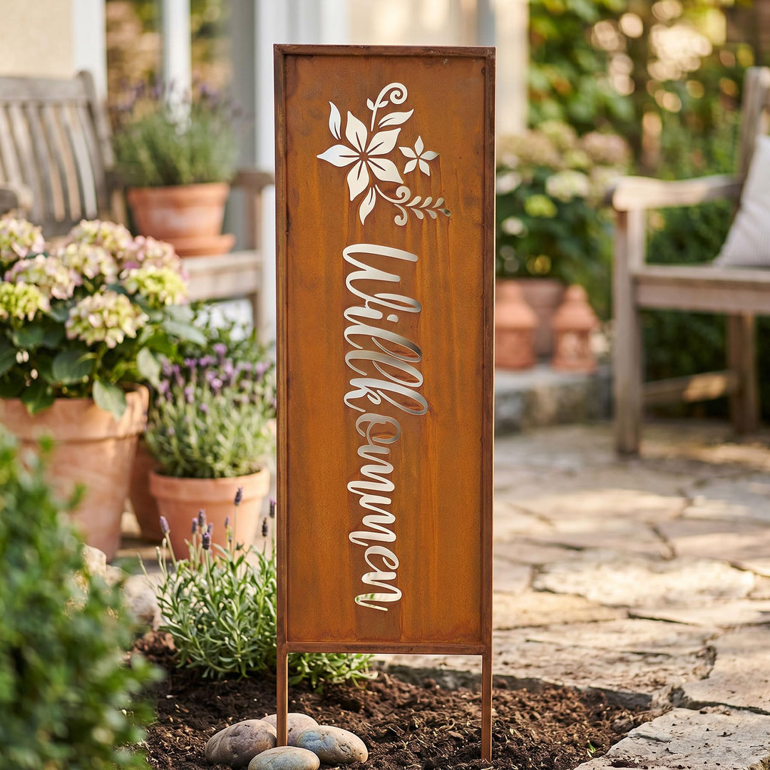 levandeo Willkommen H83cm Stele Rost Rostdeko Braun Gartenstecker Garten-Deko Gartenstecker Gartenst