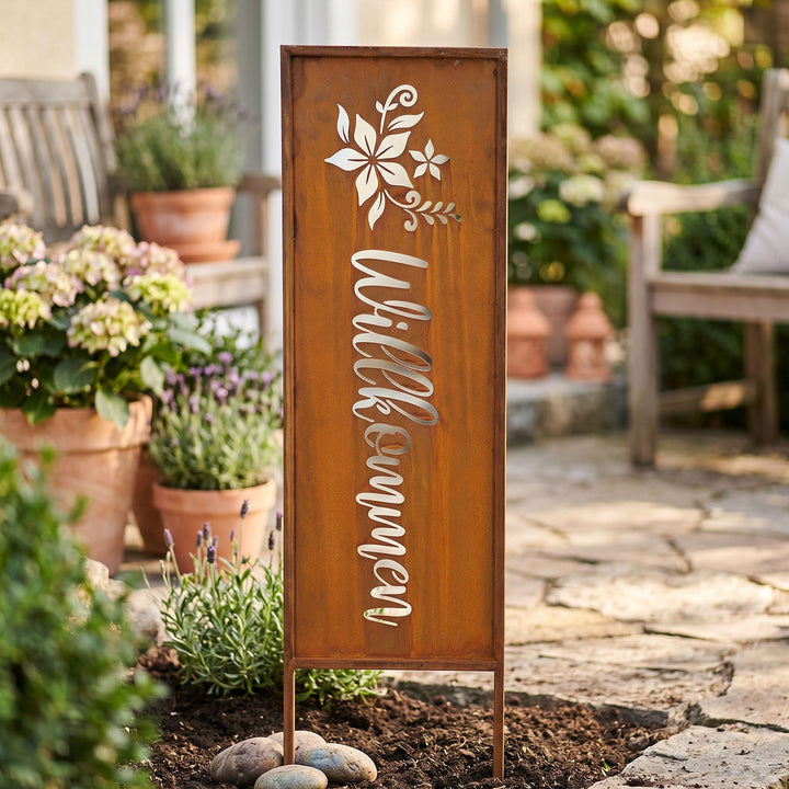levandeo Willkommen H83cm Stele Rost Rostdeko Braun Gartenstecker Garten-Deko Gartenstecker Gartenst