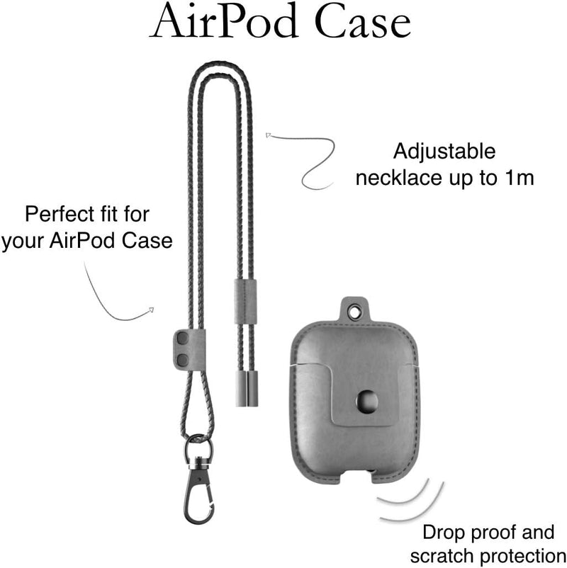 Woodcessories - AirPods 1 & 2 Leder Hülle mit Halskette, AirCase (Grau) AirPods 1 & 2 Grau, AirPods