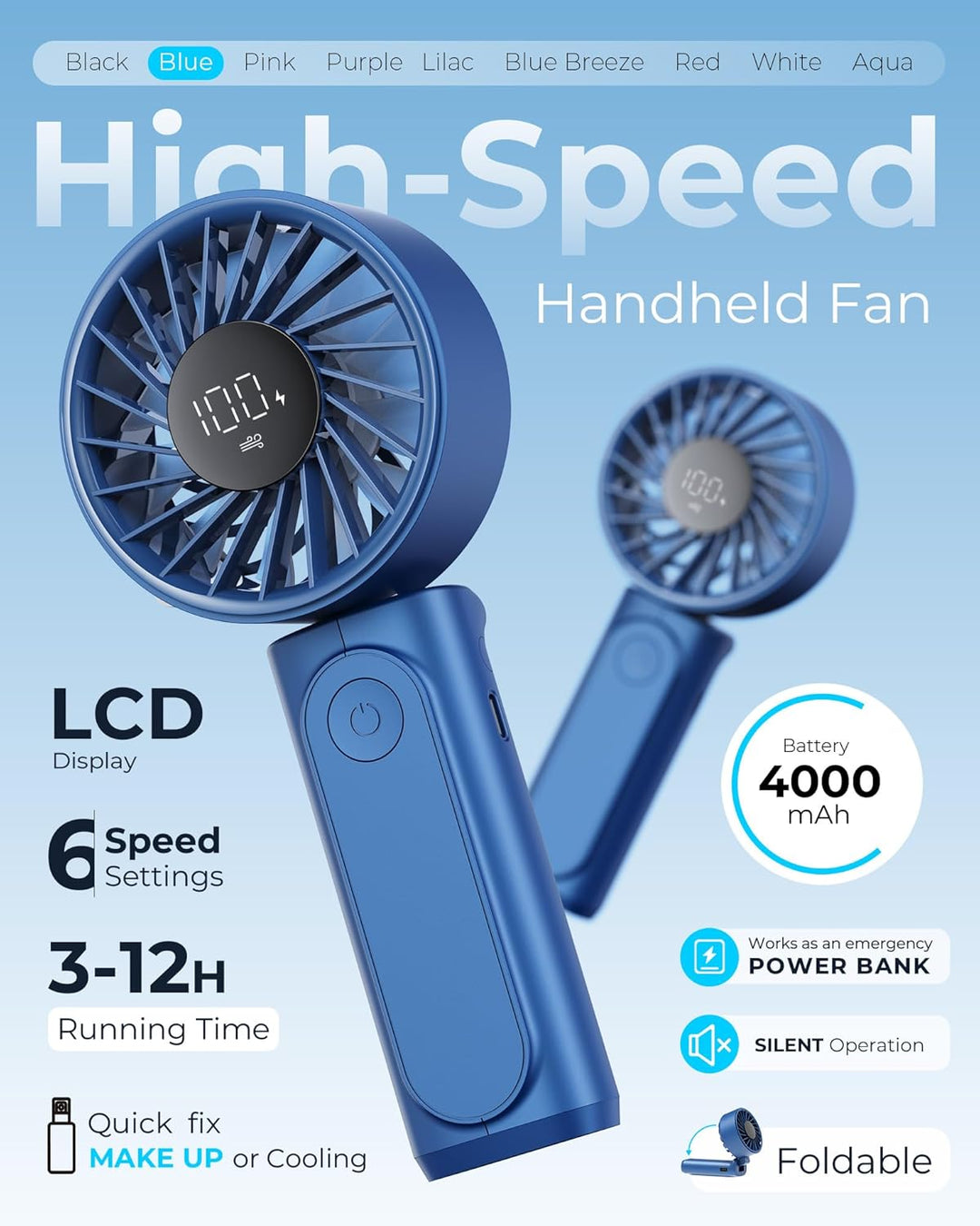 Peiyuu Handventilator, Tragbarer Mini Ventilator mit 4000 mAh, LED-Display Handventilator mit 6 Gesc