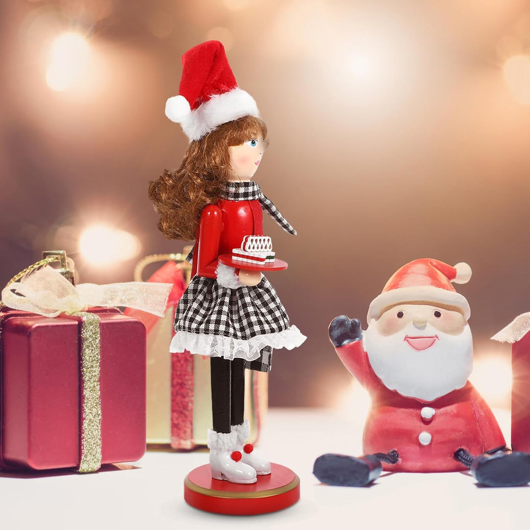 Ciieeo Weihnachtsfrau-Nussknacker Roter Back-Nussknacker Hölzerne -Ornamente Traditionelle -Puppen F