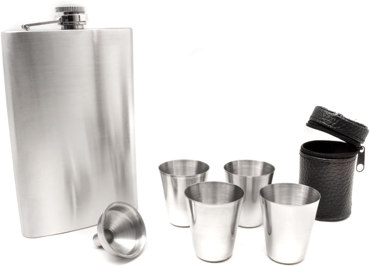 Edelstahl Flachmann Geschenk-Set, Brust-Flasche, Einfüll-Trichter, 4 Becher, Leder-Tasche, in Gesche