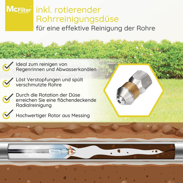 McFilter | Rohrreinigungsschlauch, 25m, 160-200 bar, inkl. Adapter, Düsen starr + rotierend, kompati