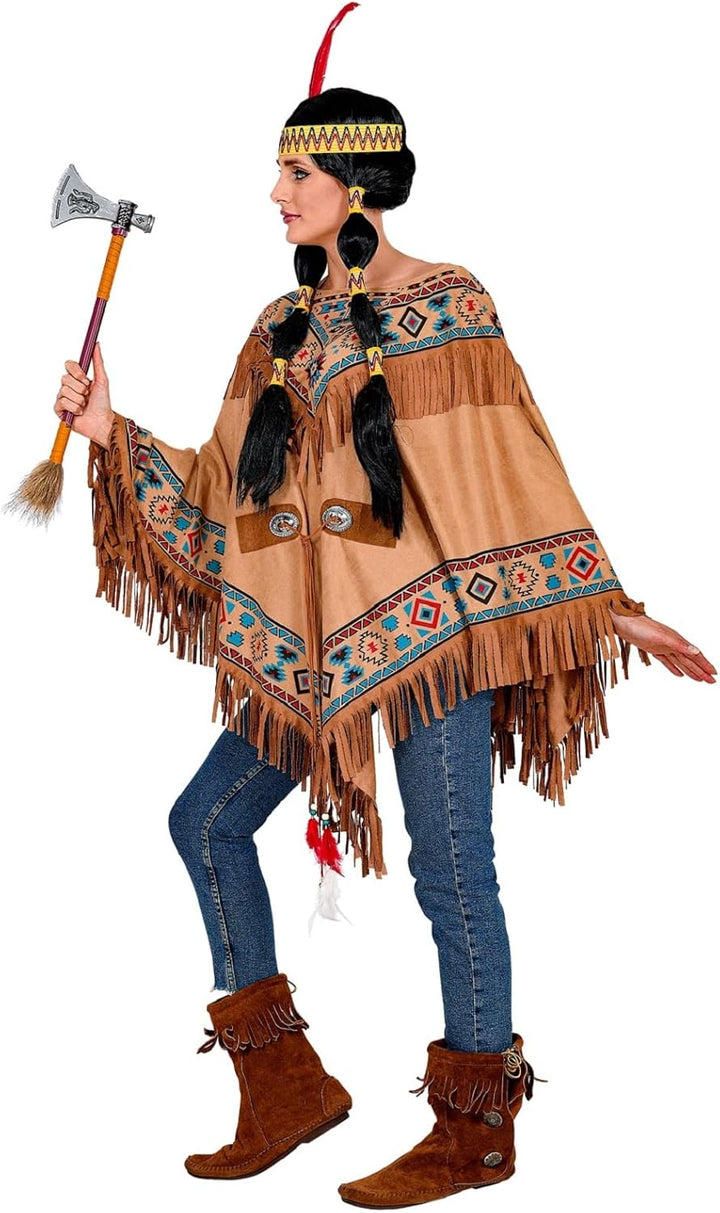 MIMIKRY Indianerin Indianer Poncho Wildleder-Optik mit Ethno-Druck Fransen Federn Wilder Westen West