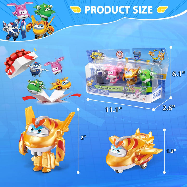 Super Wings Transform-a-Bots 4 Pack with S5 Paul Dizzy & Golden Boy & Mira, Rosa, Gelb, Blau, Grün S