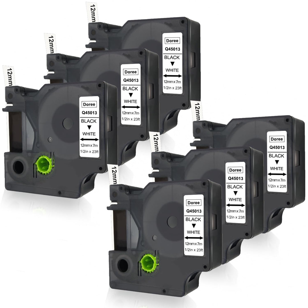 DOREE 6er Pack Etikettenband 45013 S0720530 12mm x 7m Schwarz auf Weiss Kompatibel mit Dymo D1 12mm