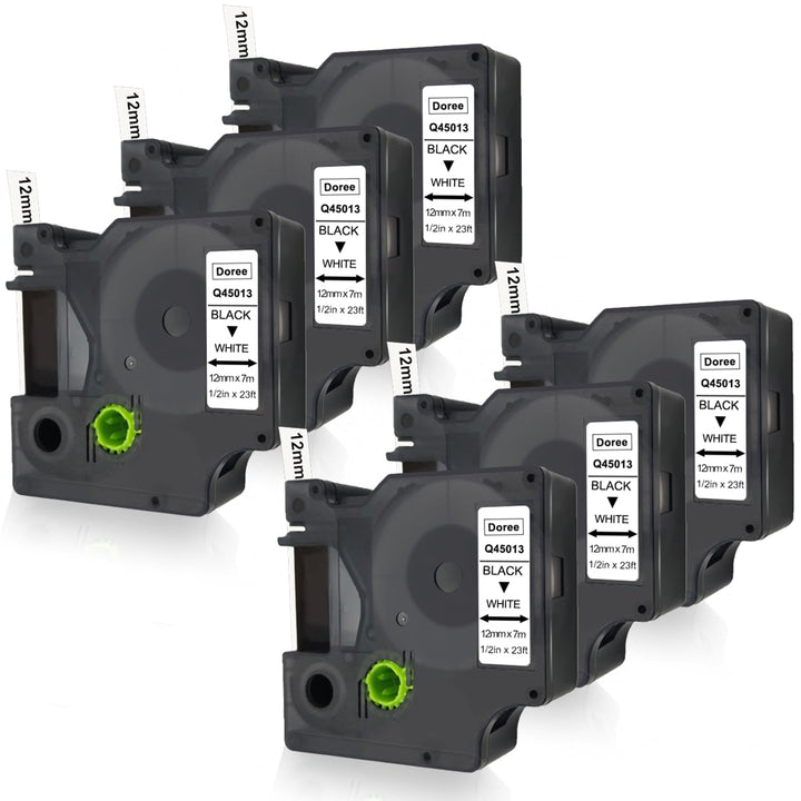 DOREE 6er Pack Etikettenband 45013 S0720530 12mm x 7m Schwarz auf Weiss Kompatibel mit Dymo D1 12mm