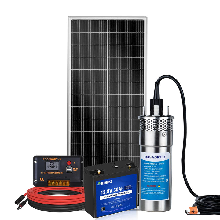 DCHOSE Solar Brunnenpumpen Set mit Batterie Backup, 12V Edelstahl-Wasserpumpe + 120W Solarpanel-Set