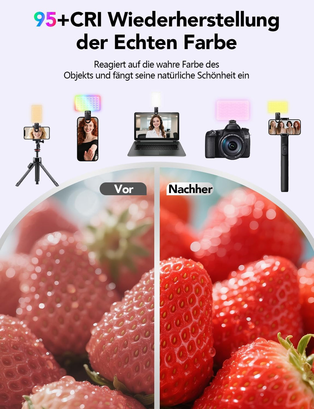 RGB 138 LED Videolicht, Tragbares 2700-6500K Handy Licht, Wiederaufladbar 1800mAh CRI95+ Selfie Lich