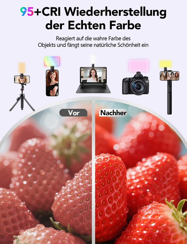 RGB 138 LED Videolicht, Tragbares 2700-6500K Handy Licht, Wiederaufladbar 1800mAh CRI95+ Selfie Lich