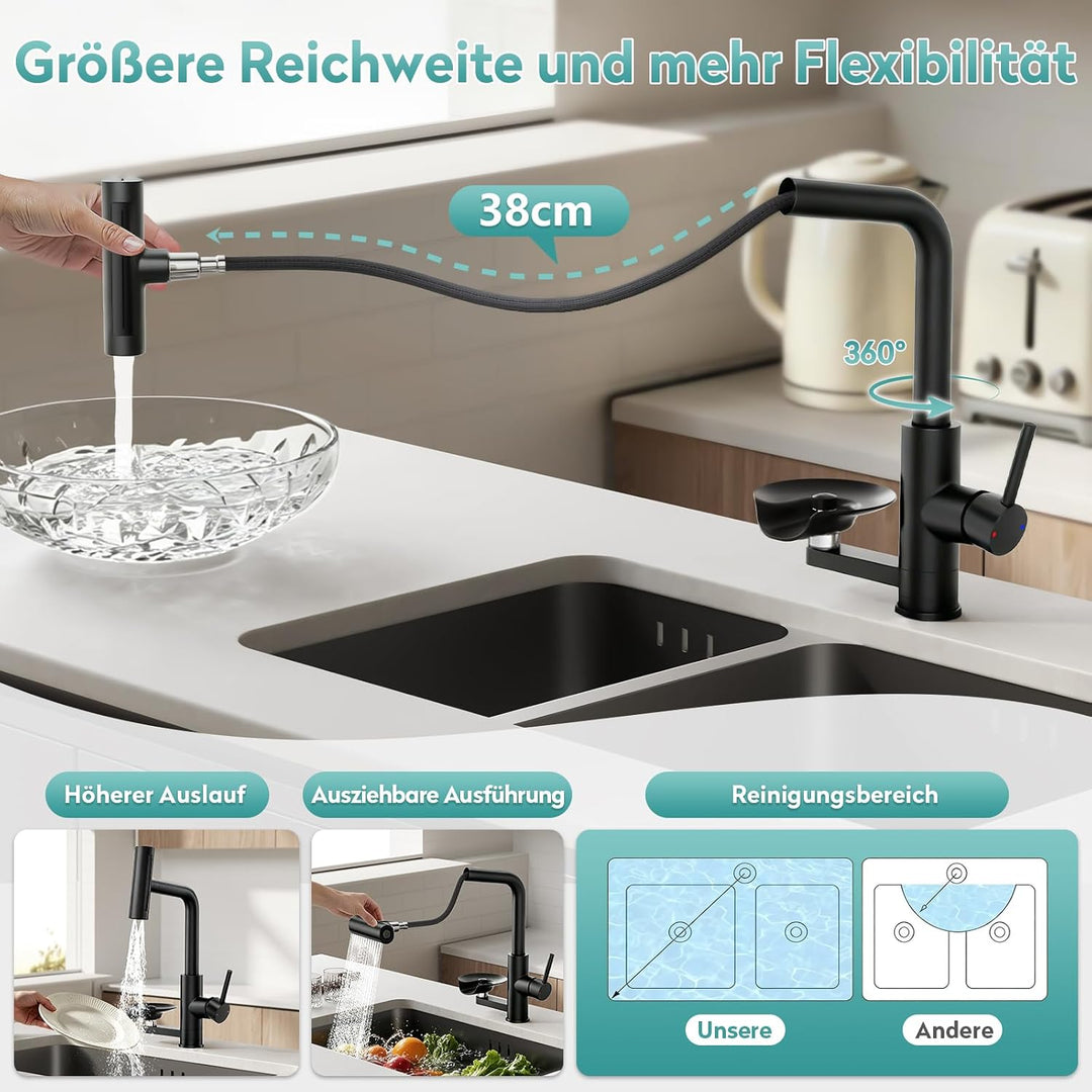 MIAOHUI Wasserhahn Küche mit Glasspüler, Schwarz | 4 Funktionen Armatur Küche Ausziehbar, Einhebel k