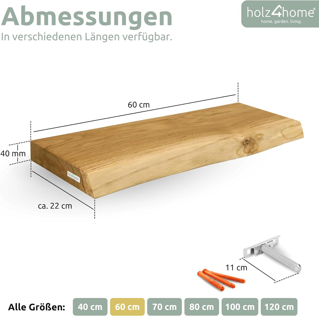 holz4home® Wandregal mit Baumkante 60 cm Länge, Natur Geölt I Schweberegal mit Befestigung im modern