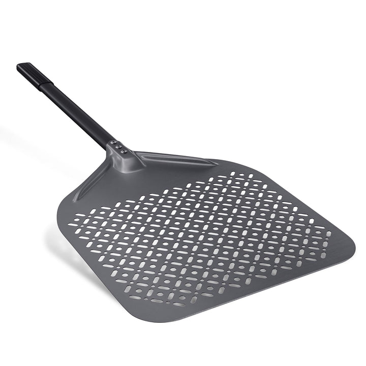 NUTUNI Pizzaschaufel, perforiert, 36 cm, Pizzaschaufel aus harteloxiertem Aluminium mit abnehmbarem