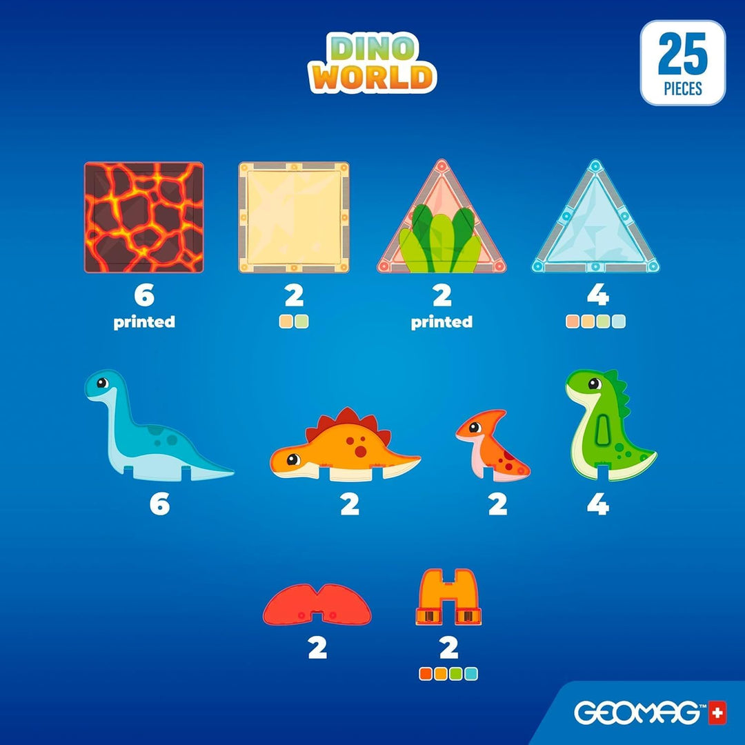 Geomag Magnetic Tiles Dino World - Themen-Set, magnetische Dinosaurier, durchscheinende Paneele, 3D-