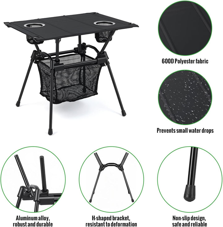 GARLLEN Campingtisch klappbar, 60x43x51cm Camping Tisch Klapptisch mit Getränkehalter, Netztasche &
