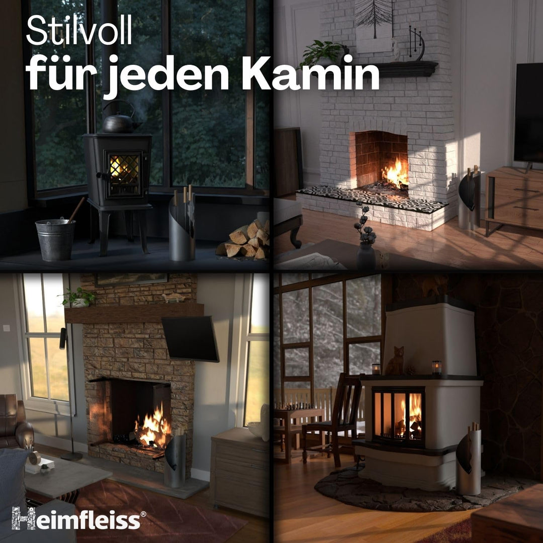 Heimfleiss® Kaminbesteck Modern Grau | Ofenbesteck Kaminbesteck Set | Hochwertiges Kaminset aus Schü