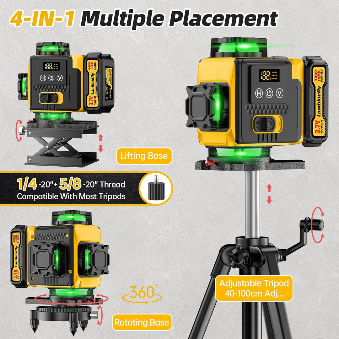 Kreuzlinienlaser mit Stativ, Laser Wasserwaage mit 2x4800mAh Batterien, 4x360 Grad Laser Level mit L