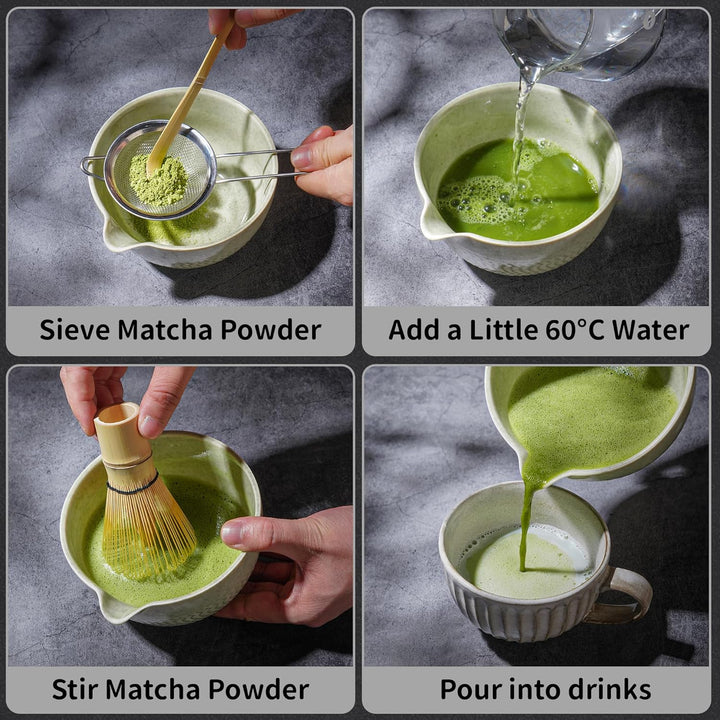 Matcha Set | Matcha Tee Set 7 Stück - mit Matcha Besen und Besenhalter, Schale mit Ausgiesser, Match