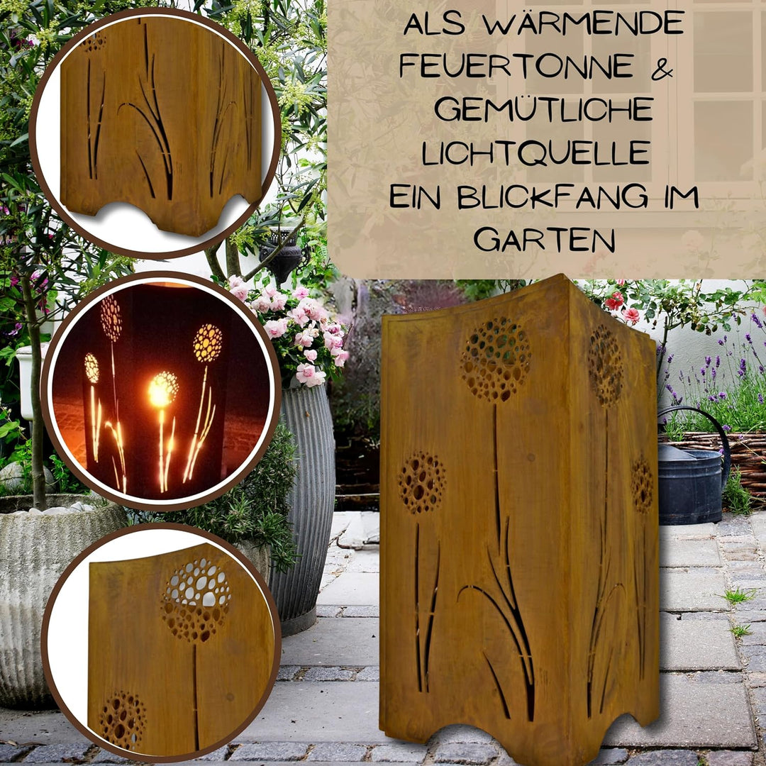 Rostikal | Feuerkorb mit Pusteblumen | Feuerstelle Feuerschale aus Metall Rost für Garten und Terras