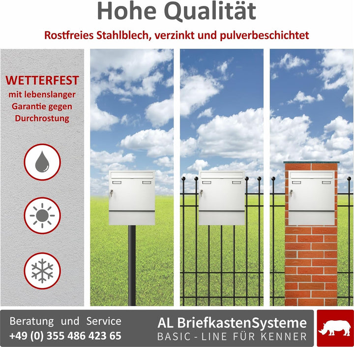 AL Briefkasten Systeme Basic 1er Briefkasten mit Zeitungsfach in RAL 9016 Verkehrsweiss 1 Fach DIN A
