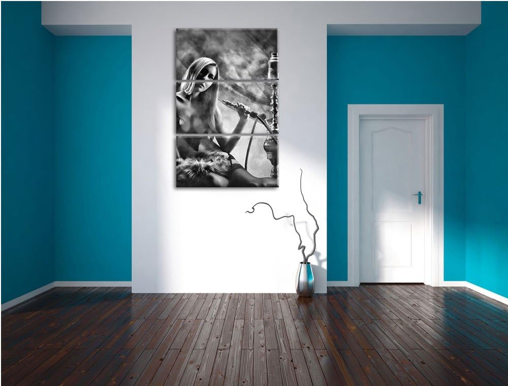 Pixxprint Frau mit Shisha im Nebel als Leinwandbild/Grösse: 3 Teilig (120x80 cm) cm/Wandbild/Kunstdr