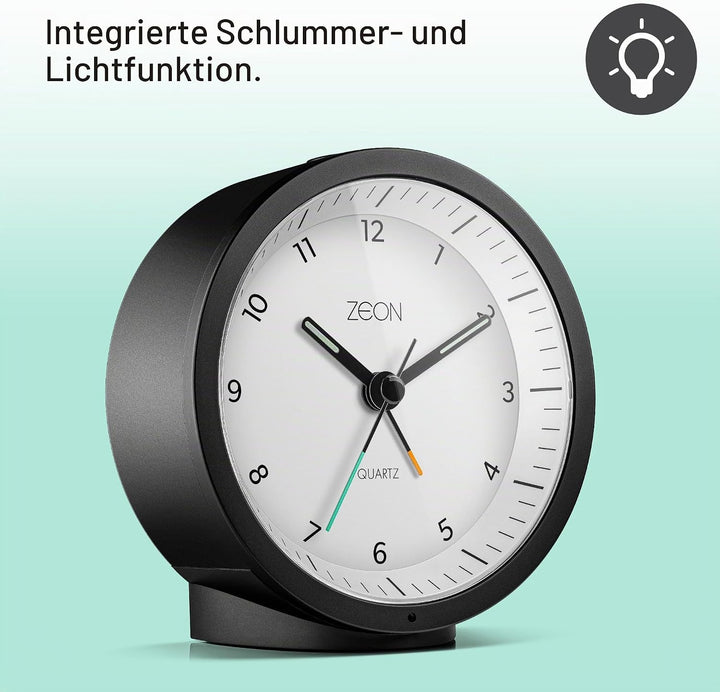 ZEON runder analoger Wecker mit Licht- und Schlummerfunktion, geräuschloser, batteriebetriebener Nac