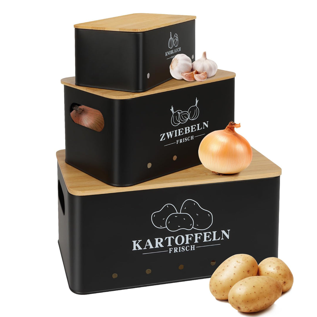 Kartoffel Aufbewahrungsbox 3er Set mit Bambusdeckel, Aufbewahrung für Kartoffeln Zwiebeln Knoblauch,