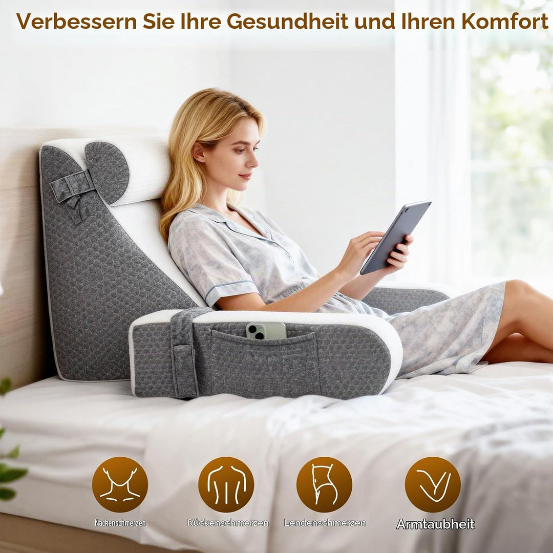 Lesekissen mit Abnehmbarer Nackenrolle &amp; Armlehne, Ergonomisches Rückenkissen Bücherkissen mit Stora