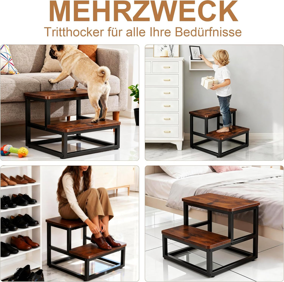 ROTTOGOON Tritthocker 2 Stufen für Erwachsene Kinder, Anti-Rutsch Tritthocker Holz Metallrahmen mit
