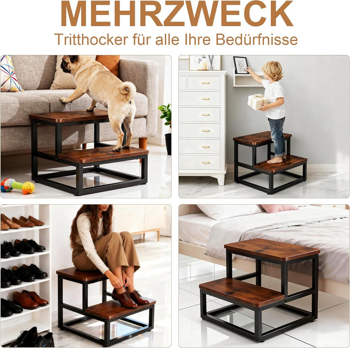 ROTTOGOON Tritthocker 2 Stufen für Erwachsene Kinder, Anti-Rutsch Tritthocker Holz Metallrahmen mit