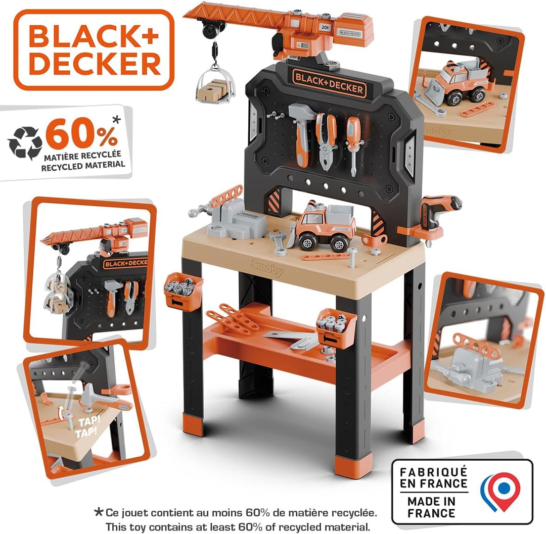 Smoby – Black+Decker Kinderwerkbank mit Kran – 87 Zubehörteile inkl. 7 Werkzeuge wie Säge, Schraubst