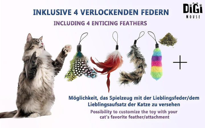 DigiMouse Interaktives Katzenspielzeug mit Sprachaktivierung & 4 Ersatzfedern & Katzenminze - Elektr