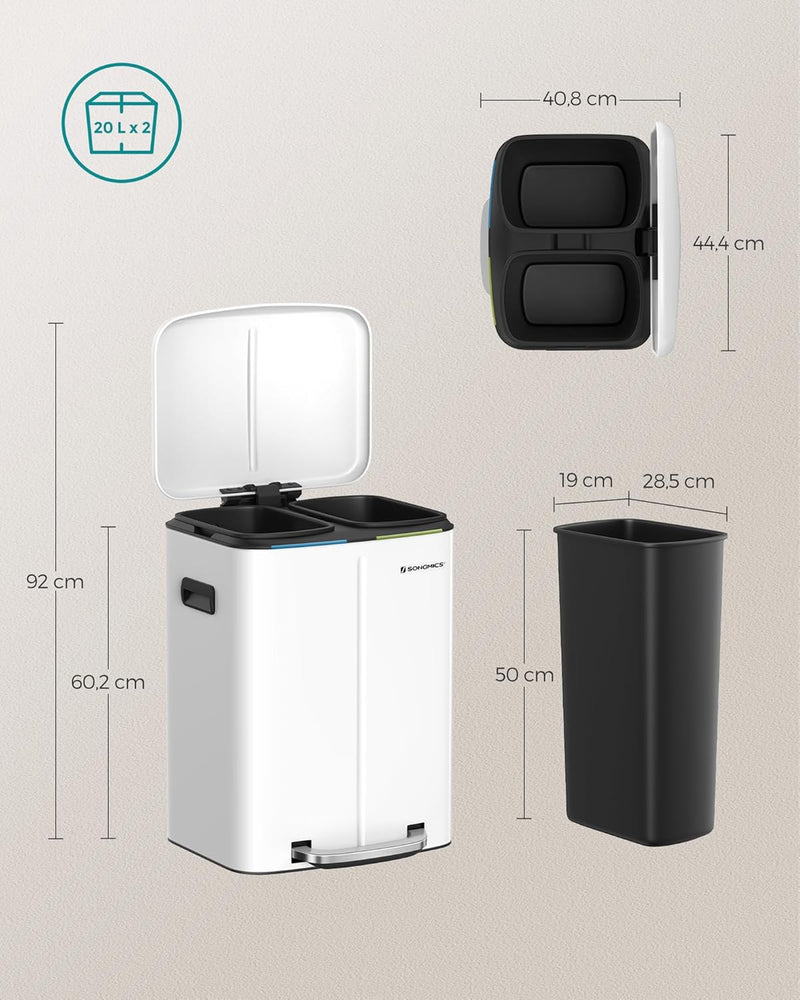 SONGMICS 40 L Mülleimer mit 2 Fächern, 2 x 20 L, Abfalleimer, Treteimer aus Metall, Inneneimer aus K