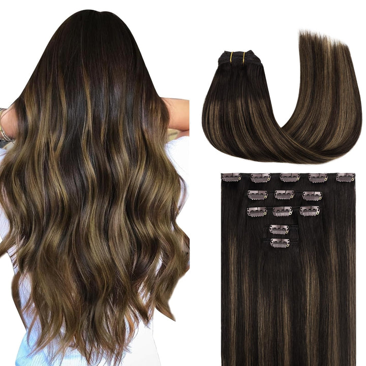 MAXITA Clip in Haarverlängerungen aus echtem Menschenhaar, Remy Haar Clip in Extensions für Damen, n
