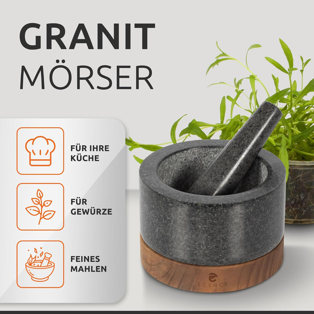 ECENCE Mörser mit Stössel Set aus Granit & Holz Ø11cm Küchenmörser Gewürzmörser massiv für perfektes