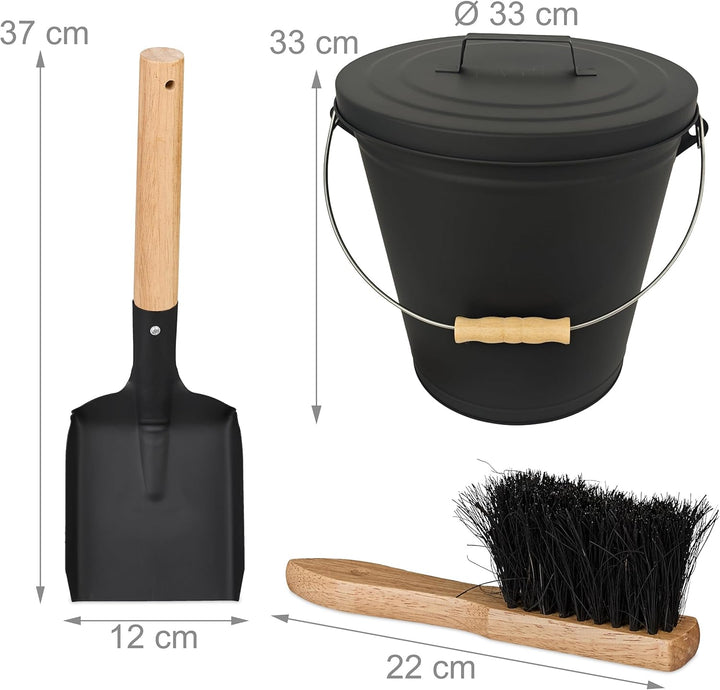 Relaxdays Ascheeimer mit Deckel, 20 Liter, inkl. Aschebesen & Kaminschaufel, Aschebehälter mit Henke