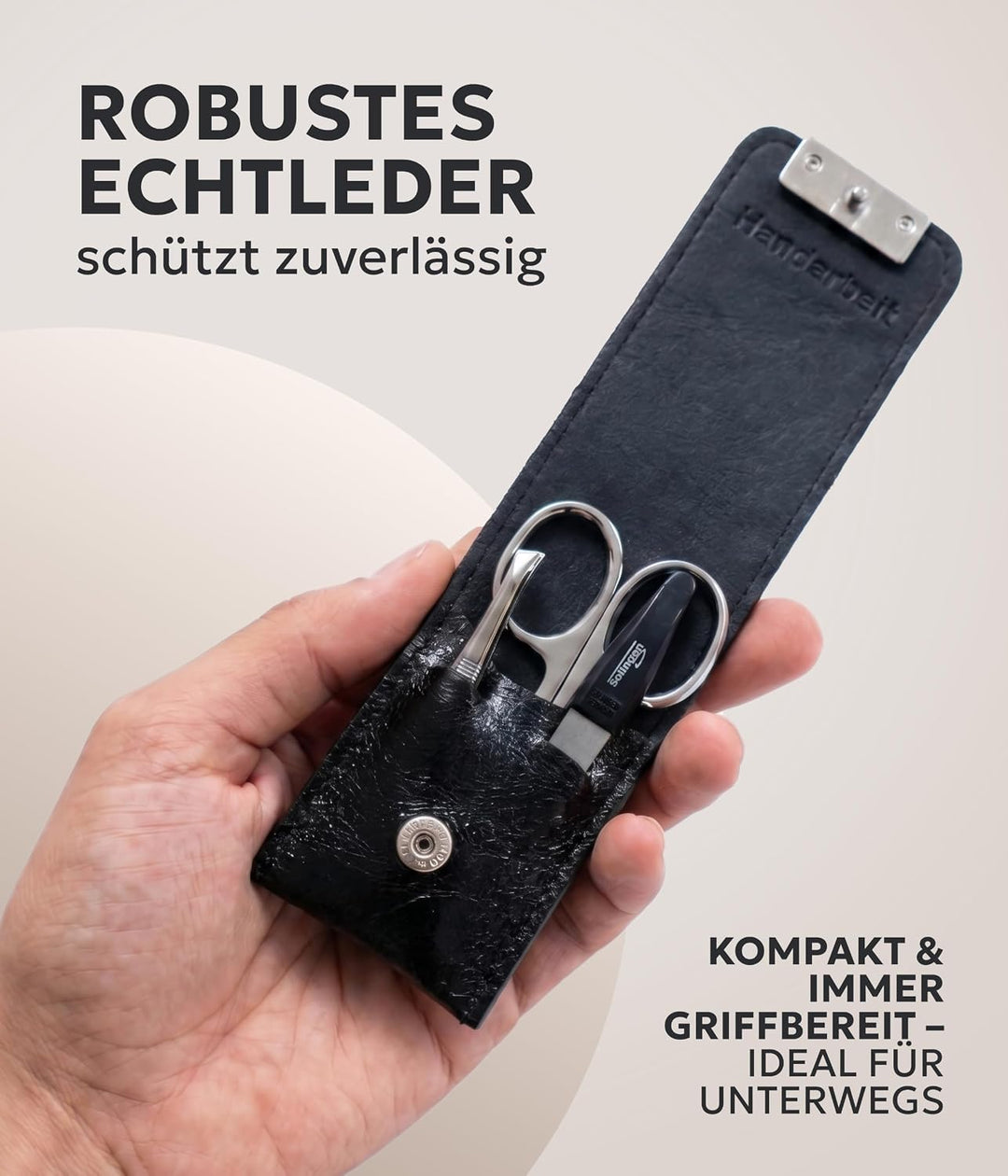Solingen Echt Leder Maniküre Set 3 teilig - Schwarz - Maniküre Set Damen &amp; Herren, Leder LWG zertifi