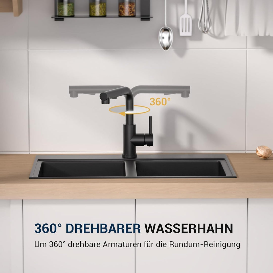 BLYLUND Schwarz Niederdruck Armatur Küche, Küchenarmatur mit Brause Ausziehbar, Drucklose Mischbatte