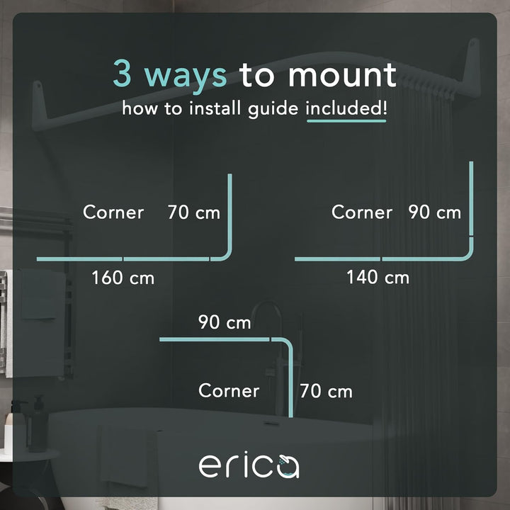 Erica Duschvorhangstange L form 70x90, 70x160 oder 90x140 cm + Klebebefestigungen | Duschvorhang sta
