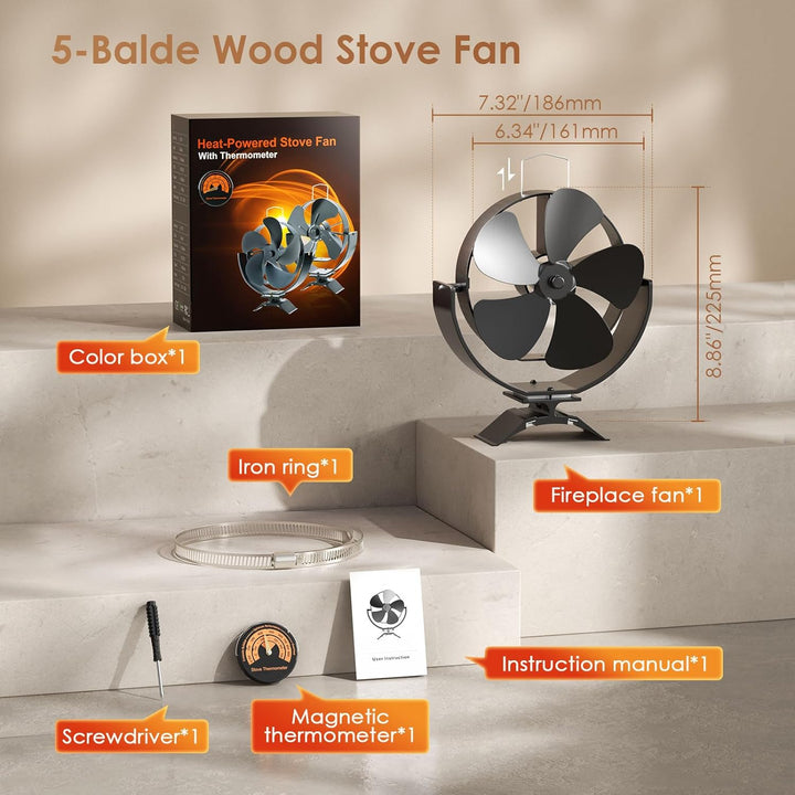Yontwe Kaminventilator 3 IN 1 Magnetisch 180° Rotation 5 Klingen Leiser Kamin Ventilator Ofenventila