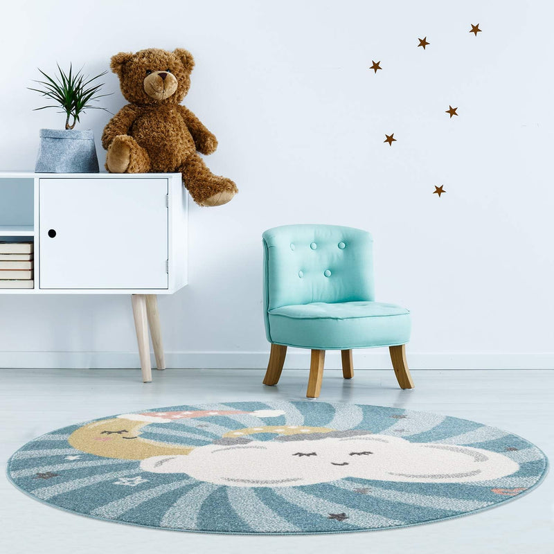 payé Teppich Rund Kinderzimmer - Blau - 160x160cm - Wolken, Mond und Sterne - Spielteppich Kurzflor