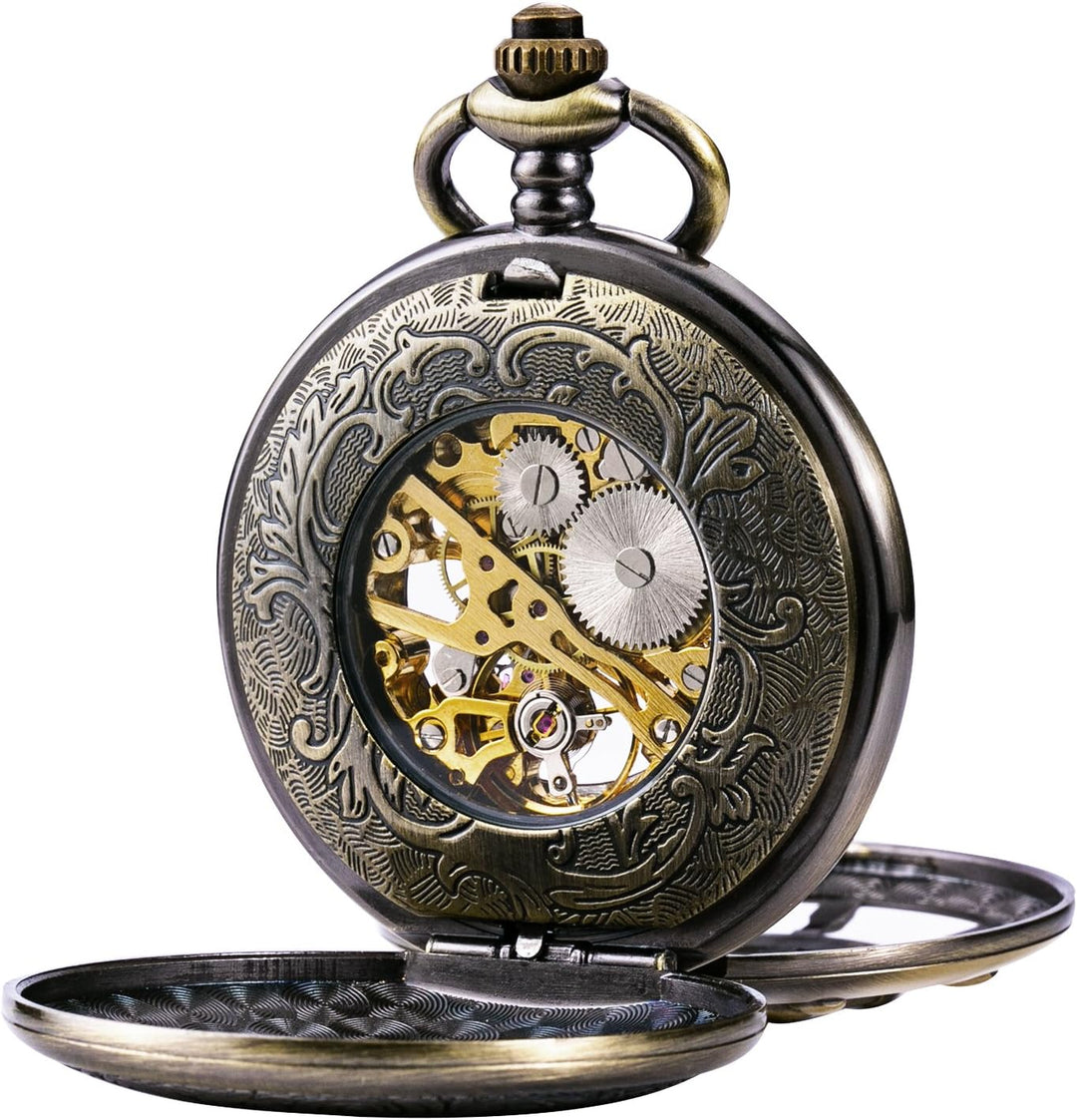 TREEWETO Unisex Taschenuhr mit Kette Analog Mechanisch Handaufzug Doppelscharnier Ruder Skelett Bron