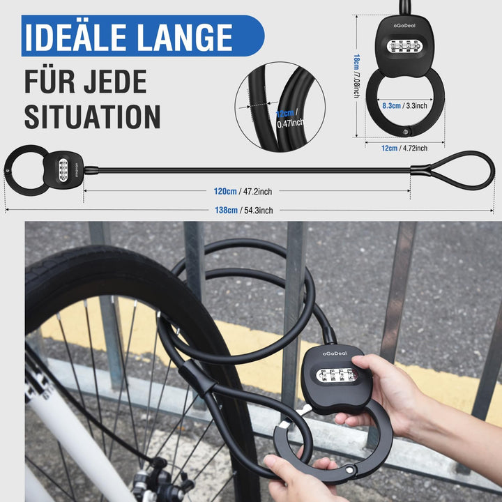 E Scooter Schloss, oGoDeal Fahrradschloss Zahlenschloss 1.2 m, Kabelschloss mit Sicherheitsstufe Seh