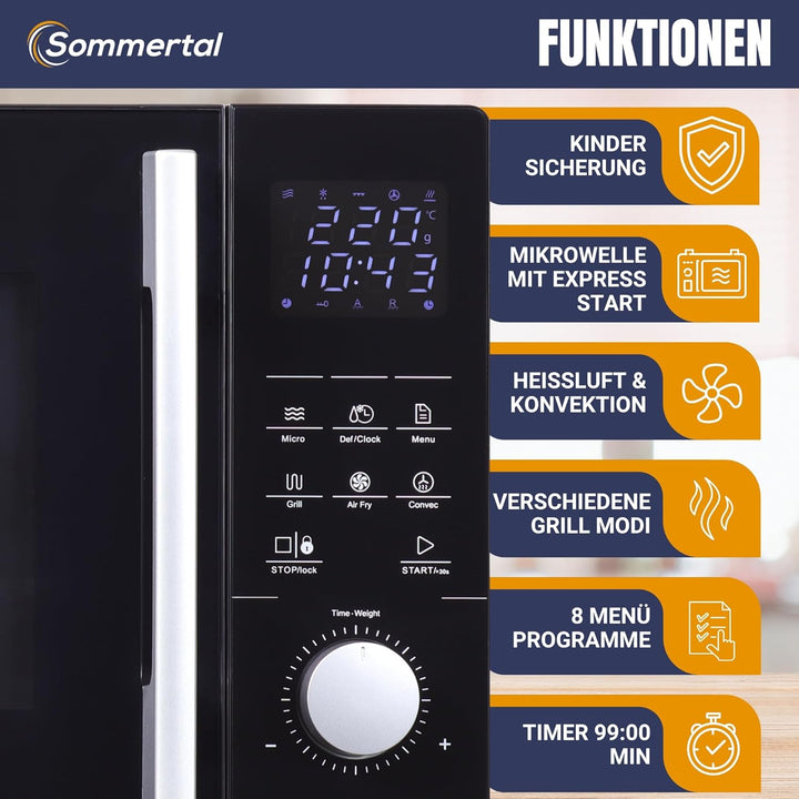 4in1 Mikrowelle Schwarz - Grill, Heissluft-Fritteuse, Konvektion -2200 W, 8 Programme, 60 Min Timer,