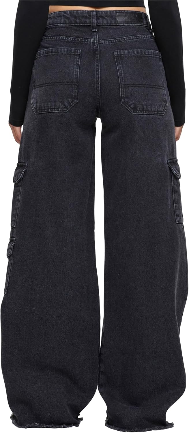 Urban Classics Damen Ladies Mid Waist Cargo Denim Pants 32 Black Charcoal Washed, 32 Black Charcoal