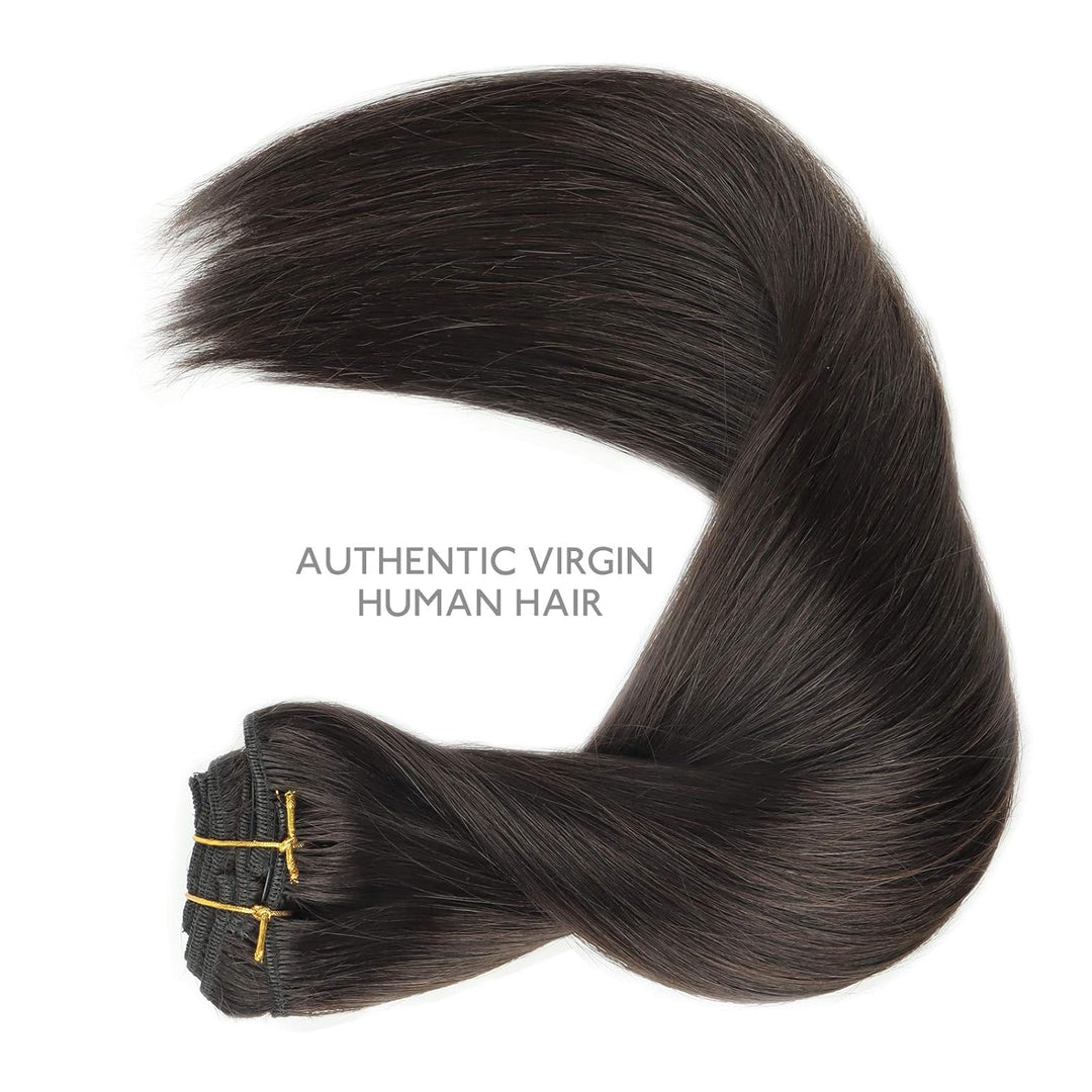 WENNALIFE Haarverlängerung mit Clip, Naturhaar, 150 g, 60 cm, 9 Stück, dunkelbraun, Extensions, Echt