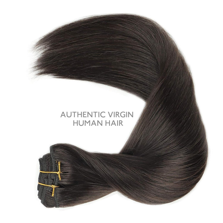 WENNALIFE Haarverlängerung mit Clip, Naturhaar, 150 g, 60 cm, 9 Stück, dunkelbraun, Extensions, Echt