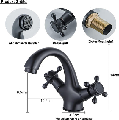 BOAOTX Wasserhahn Bad Schwarz Retro, Waschtischarmatur Antik Messing, Waschbeckenarmatur Zweigriff,