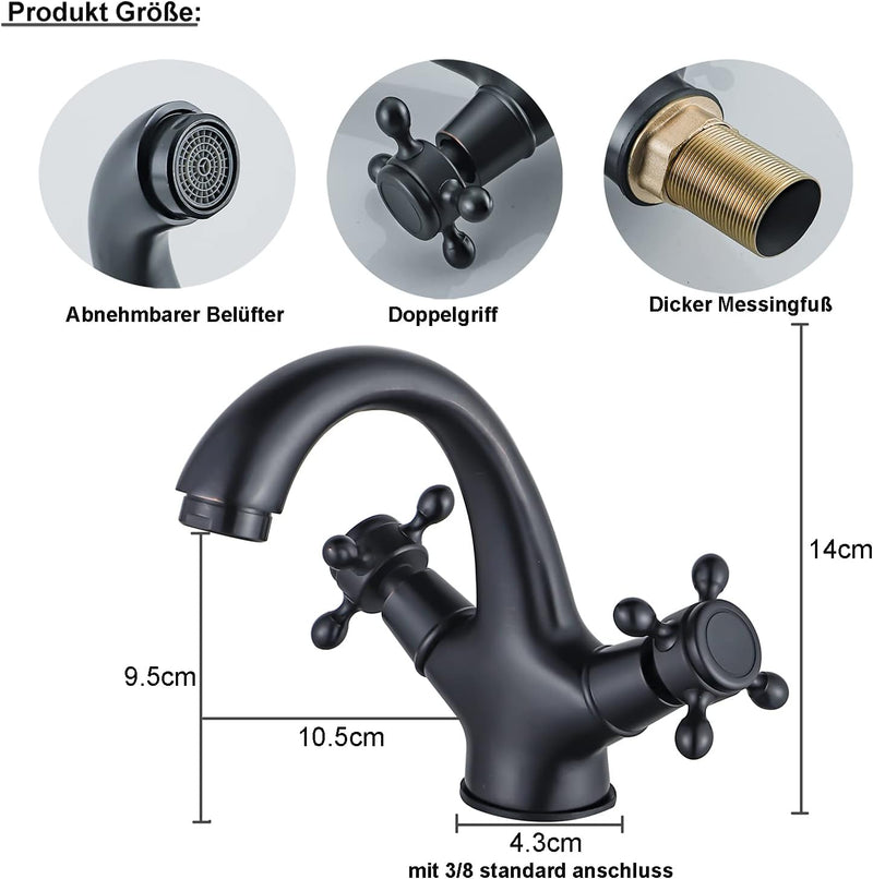 BOAOTX Wasserhahn Bad Schwarz Retro, Waschtischarmatur Antik Messing, Waschbeckenarmatur Zweigriff,
