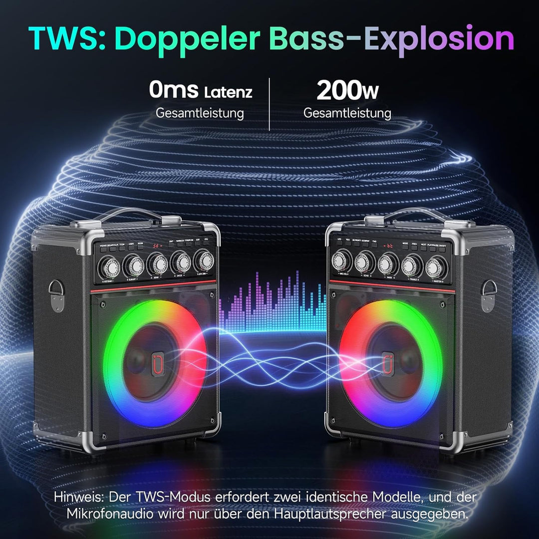 JYX Karaoke Maschine mit 2 drahtlosen Mikrofones, Tragbaren Karaoke Anlage Lautsprecher mit RGB-Lich